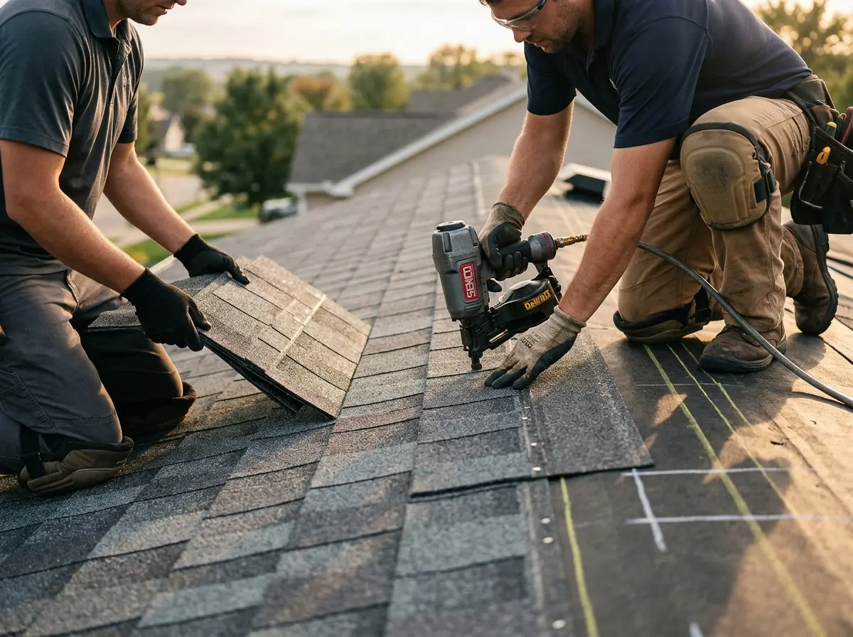 Professional roofer working on a residential roof in Stamford